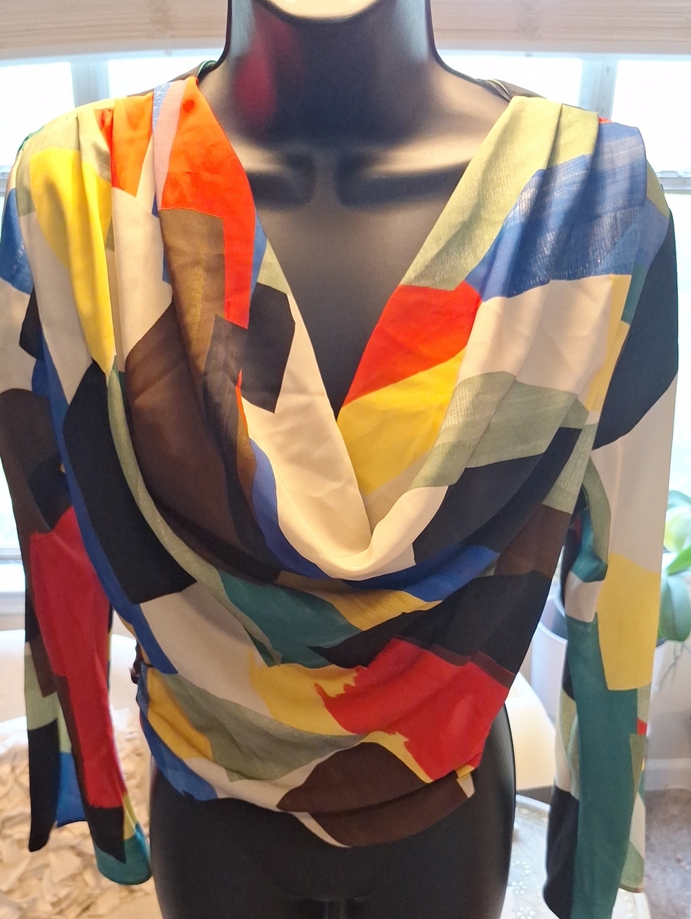 Zara Draped Multicolor Geo-Print Long Sleeve Top